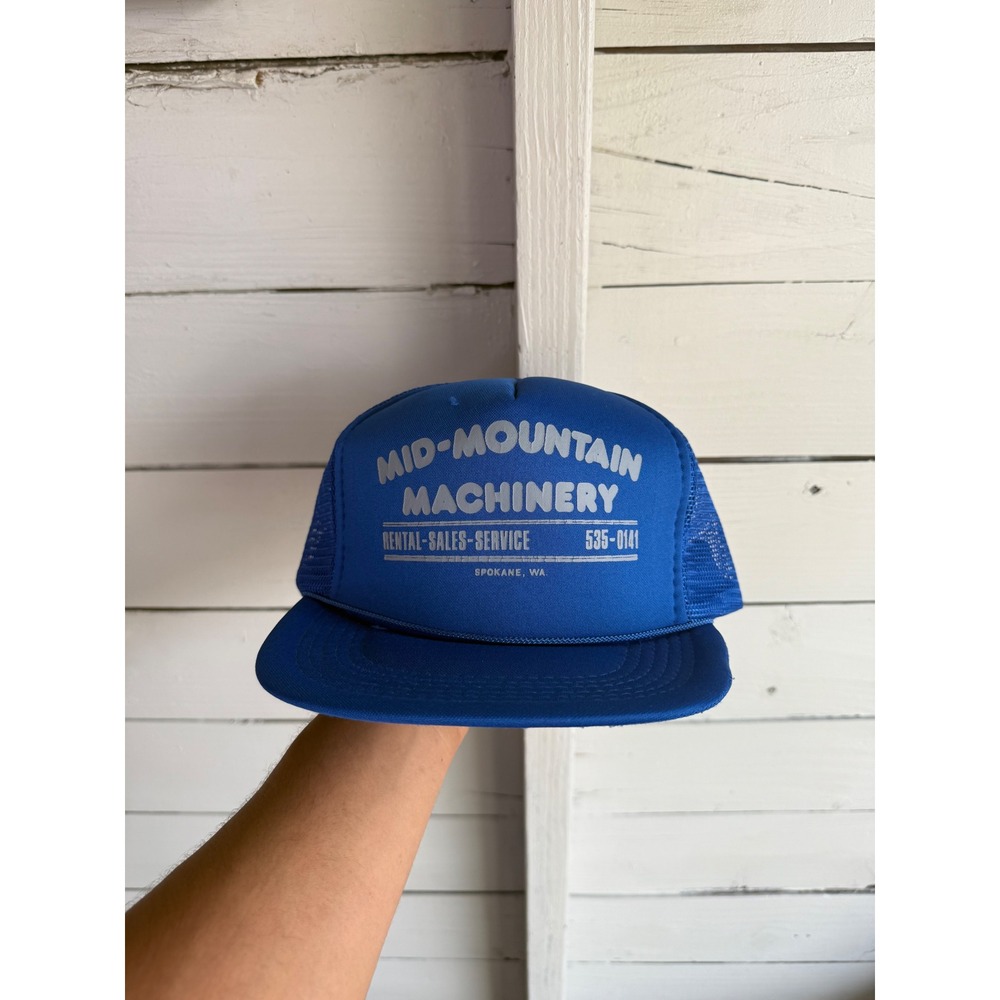 Vintage Mid-Mountain Machinery Trucker Hat Blue Spokane WA Snapback Mesh Cap